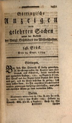 Göttingische Anzeigen von gelehrten Sachen (Göttingische Zeitungen von gelehrten Sachen) Montag 13. September 1784