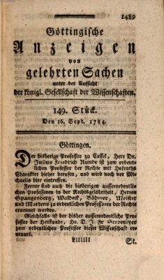 Göttingische Anzeigen von gelehrten Sachen (Göttingische Zeitungen von gelehrten Sachen) Donnerstag 16. September 1784