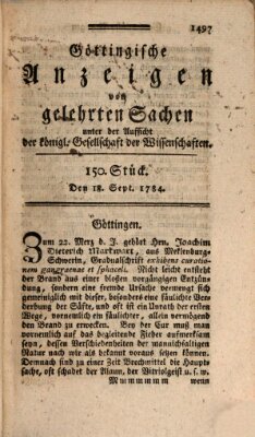 Göttingische Anzeigen von gelehrten Sachen (Göttingische Zeitungen von gelehrten Sachen) Samstag 18. September 1784