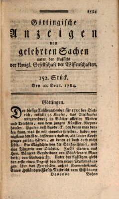 Göttingische Anzeigen von gelehrten Sachen (Göttingische Zeitungen von gelehrten Sachen) Montag 20. September 1784