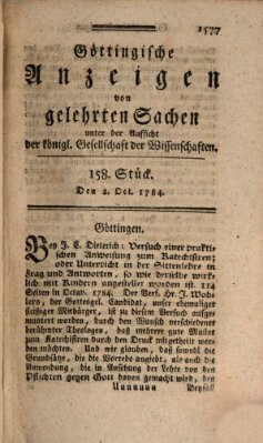 Göttingische Anzeigen von gelehrten Sachen (Göttingische Zeitungen von gelehrten Sachen) Samstag 2. Oktober 1784