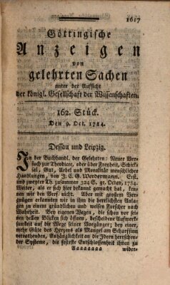 Göttingische Anzeigen von gelehrten Sachen (Göttingische Zeitungen von gelehrten Sachen) Samstag 9. Oktober 1784