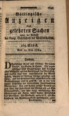 Göttingische Anzeigen von gelehrten Sachen (Göttingische Zeitungen von gelehrten Sachen) Donnerstag 14. Oktober 1784