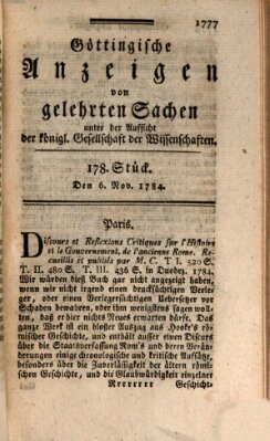 Göttingische Anzeigen von gelehrten Sachen (Göttingische Zeitungen von gelehrten Sachen) Samstag 6. November 1784