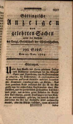 Göttingische Anzeigen von gelehrten Sachen (Göttingische Zeitungen von gelehrten Sachen) Samstag 27. November 1784