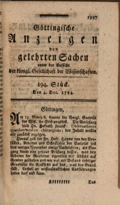 Göttingische Anzeigen von gelehrten Sachen (Göttingische Zeitungen von gelehrten Sachen) Samstag 4. Dezember 1784