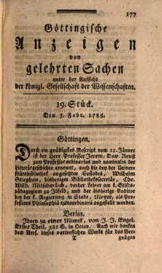 Göttingische Anzeigen von gelehrten Sachen (Göttingische Zeitungen von gelehrten Sachen) Samstag 5. Februar 1785