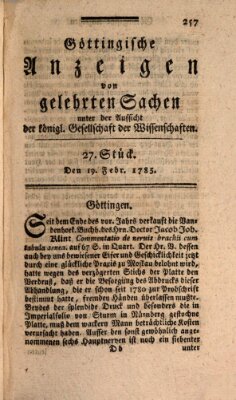 Göttingische Anzeigen von gelehrten Sachen (Göttingische Zeitungen von gelehrten Sachen) Samstag 19. Februar 1785