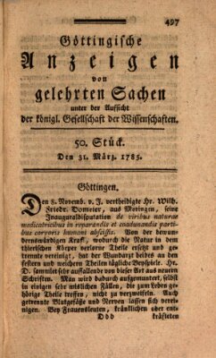 Göttingische Anzeigen von gelehrten Sachen (Göttingische Zeitungen von gelehrten Sachen) Donnerstag 31. März 1785