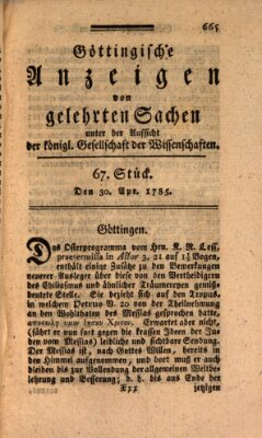 Göttingische Anzeigen von gelehrten Sachen (Göttingische Zeitungen von gelehrten Sachen) Samstag 30. April 1785