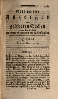 Göttingische Anzeigen von gelehrten Sachen (Göttingische Zeitungen von gelehrten Sachen) Montag 29. August 1785