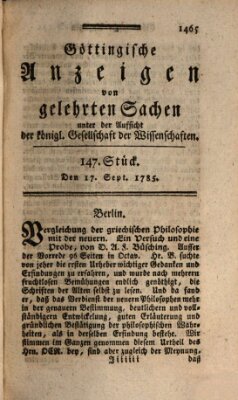 Göttingische Anzeigen von gelehrten Sachen (Göttingische Zeitungen von gelehrten Sachen) Samstag 17. September 1785