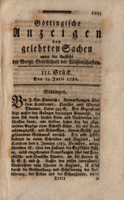 Göttingische Anzeigen von gelehrten Sachen (Göttingische Zeitungen von gelehrten Sachen) Samstag 15. Juli 1786