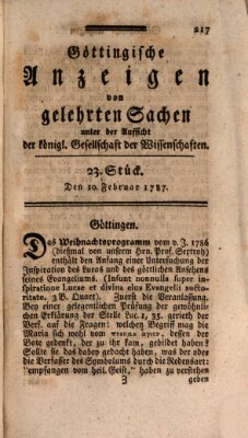 Göttingische Anzeigen von gelehrten Sachen (Göttingische Zeitungen von gelehrten Sachen) Samstag 10. Februar 1787