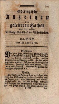 Göttingische Anzeigen von gelehrten Sachen (Göttingische Zeitungen von gelehrten Sachen) Donnerstag 28. Juni 1787