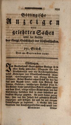 Göttingische Anzeigen von gelehrten Sachen (Göttingische Zeitungen von gelehrten Sachen) Samstag 22. September 1787