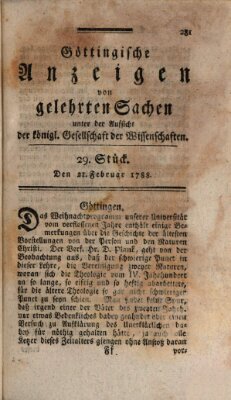 Göttingische Anzeigen von gelehrten Sachen (Göttingische Zeitungen von gelehrten Sachen) Donnerstag 21. Februar 1788