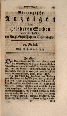 Göttingische Anzeigen von gelehrten Sachen (Göttingische Zeitungen von gelehrten Sachen) Donnerstag 19. Februar 1789