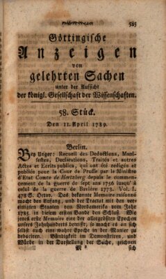 Göttingische Anzeigen von gelehrten Sachen (Göttingische Zeitungen von gelehrten Sachen) Samstag 11. April 1789