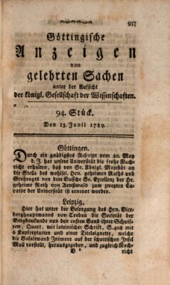 Göttingische Anzeigen von gelehrten Sachen (Göttingische Zeitungen von gelehrten Sachen) Samstag 13. Juni 1789