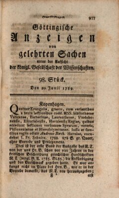 Göttingische Anzeigen von gelehrten Sachen (Göttingische Zeitungen von gelehrten Sachen) Samstag 20. Juni 1789