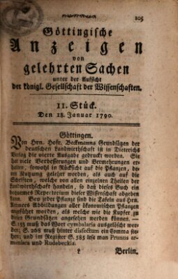 Göttingische Anzeigen von gelehrten Sachen (Göttingische Zeitungen von gelehrten Sachen) Montag 18. Januar 1790