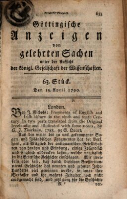 Göttingische Anzeigen von gelehrten Sachen (Göttingische Zeitungen von gelehrten Sachen) Montag 19. April 1790