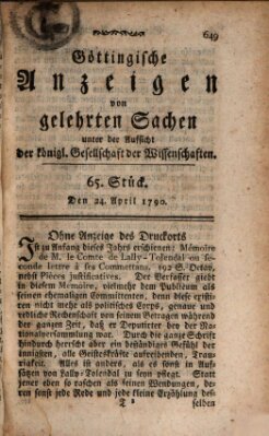 Göttingische Anzeigen von gelehrten Sachen (Göttingische Zeitungen von gelehrten Sachen) Samstag 24. April 1790