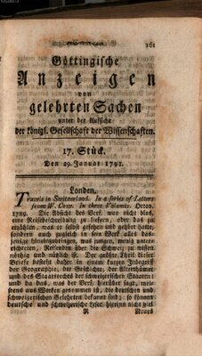 Göttingische Anzeigen von gelehrten Sachen (Göttingische Zeitungen von gelehrten Sachen) Samstag 29. Januar 1791