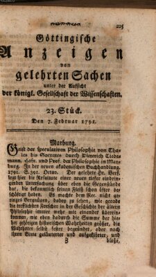 Göttingische Anzeigen von gelehrten Sachen (Göttingische Zeitungen von gelehrten Sachen) Montag 7. Februar 1791