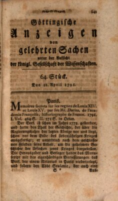 Göttingische Anzeigen von gelehrten Sachen (Göttingische Zeitungen von gelehrten Sachen) Donnerstag 21. April 1791