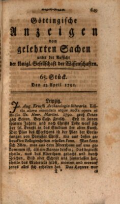 Göttingische Anzeigen von gelehrten Sachen (Göttingische Zeitungen von gelehrten Sachen) Samstag 23. April 1791