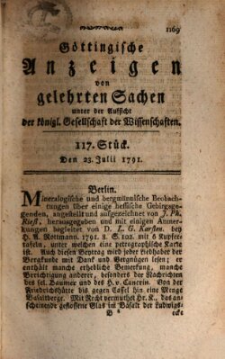 Göttingische Anzeigen von gelehrten Sachen (Göttingische Zeitungen von gelehrten Sachen) Samstag 23. Juli 1791