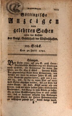 Göttingische Anzeigen von gelehrten Sachen (Göttingische Zeitungen von gelehrten Sachen) Samstag 30. Juli 1791