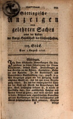 Göttingische Anzeigen von gelehrten Sachen (Göttingische Zeitungen von gelehrten Sachen) Montag 1. August 1791