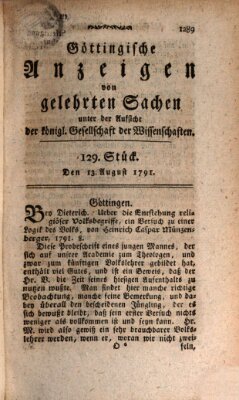 Göttingische Anzeigen von gelehrten Sachen (Göttingische Zeitungen von gelehrten Sachen) Samstag 13. August 1791