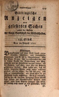 Göttingische Anzeigen von gelehrten Sachen (Göttingische Zeitungen von gelehrten Sachen) Samstag 20. August 1791