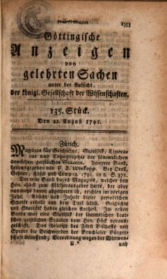 Göttingische Anzeigen von gelehrten Sachen (Göttingische Zeitungen von gelehrten Sachen) Montag 22. August 1791