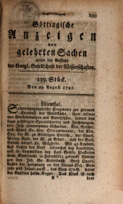 Göttingische Anzeigen von gelehrten Sachen (Göttingische Zeitungen von gelehrten Sachen) Montag 29. August 1791