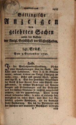 Göttingische Anzeigen von gelehrten Sachen (Göttingische Zeitungen von gelehrten Sachen) Samstag 3. September 1791