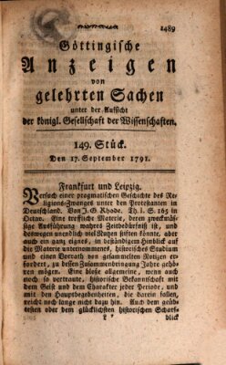 Göttingische Anzeigen von gelehrten Sachen (Göttingische Zeitungen von gelehrten Sachen) Samstag 17. September 1791