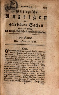 Göttingische Anzeigen von gelehrten Sachen (Göttingische Zeitungen von gelehrten Sachen) Samstag 1. Oktober 1791