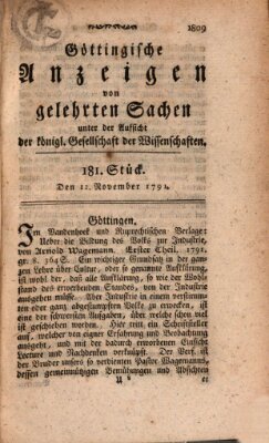 Göttingische Anzeigen von gelehrten Sachen (Göttingische Zeitungen von gelehrten Sachen) Samstag 12. November 1791