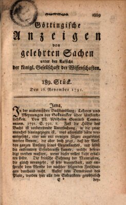 Göttingische Anzeigen von gelehrten Sachen (Göttingische Zeitungen von gelehrten Sachen) Samstag 26. November 1791