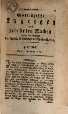 Göttingische Anzeigen von gelehrten Sachen (Göttingische Zeitungen von gelehrten Sachen) Samstag 7. Januar 1792