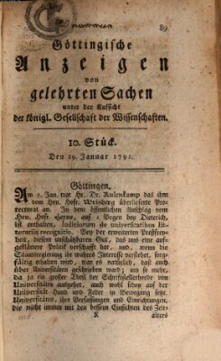 Göttingische Anzeigen von gelehrten Sachen (Göttingische Zeitungen von gelehrten Sachen) Donnerstag 19. Januar 1792