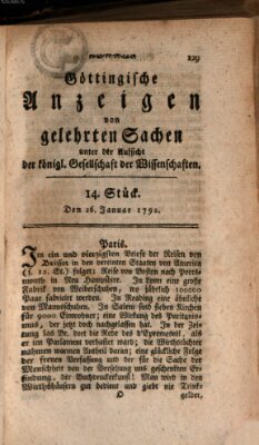 Göttingische Anzeigen von gelehrten Sachen (Göttingische Zeitungen von gelehrten Sachen) Donnerstag 26. Januar 1792