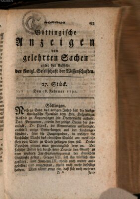 Göttingische Anzeigen von gelehrten Sachen (Göttingische Zeitungen von gelehrten Sachen) Samstag 18. Februar 1792