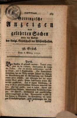 Göttingische Anzeigen von gelehrten Sachen (Göttingische Zeitungen von gelehrten Sachen) Donnerstag 8. März 1792