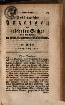 Göttingische Anzeigen von gelehrten Sachen (Göttingische Zeitungen von gelehrten Sachen) Donnerstag 15. März 1792